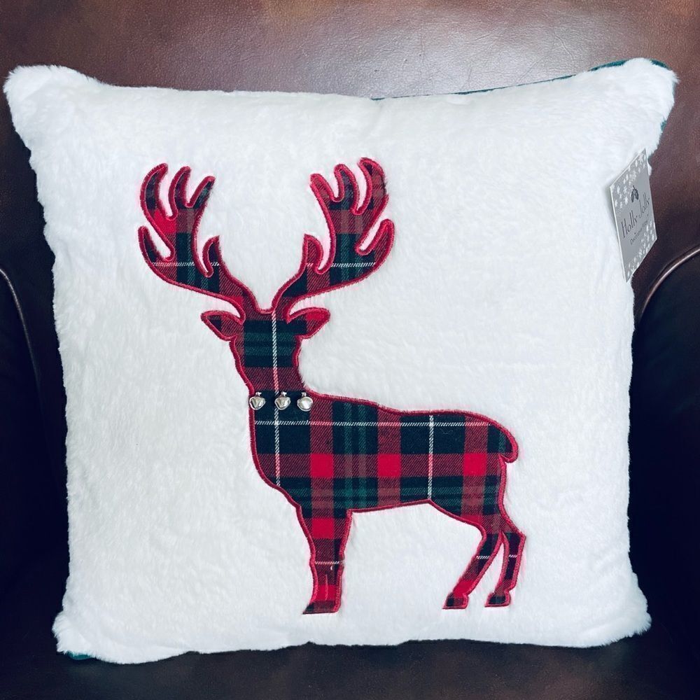 Christmas Reindeer Plaid Deer Faux Fur Throw Pillow